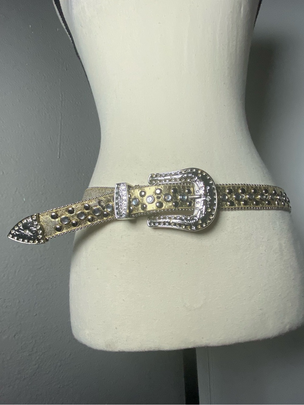 Y2K Mcbling Gold & Silver Studded Rhinestone Leather Belt Size Medium